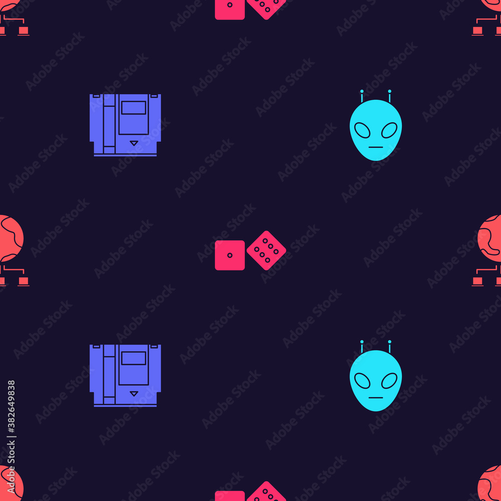 Poster set alien, cartridge, game dice and computer network on seamless pattern. vector.