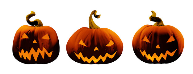 Three spooky Jack-o-lantern with flaming eye. Halloween realistic icons set of orange pumpkin heads with funny face, 3D render isolated on white background