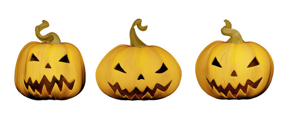 Halloween set of three different spooky pumpkins isolated on white. Smiling pumpkin heads.3D rendering illustration