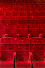 Empty comfortable red seats with numbers in the hall of the cinema or theater