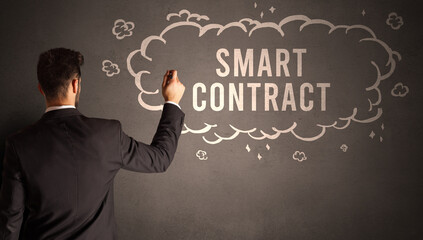 businessman drawing a cloud with SMART CONTRACT inscription inside, modern business concept