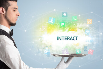 Waiter serving social networking concept with INTERACT inscription