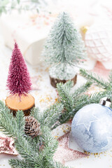 Christmas tree composition on bokeh background.