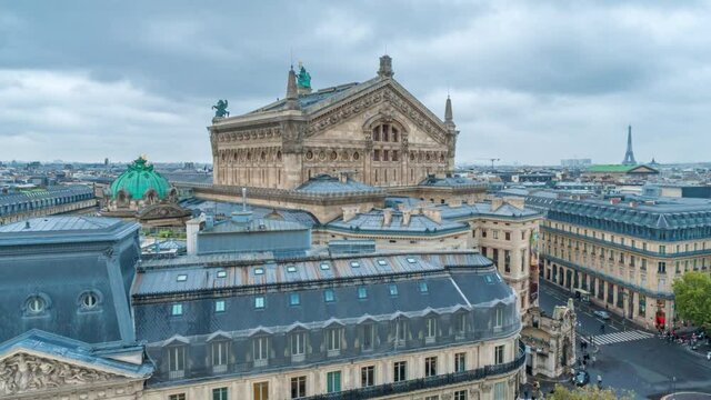 Timelapse of classic roof top view in the center of Paris. View from the observation deck of the gallery La Fayette Paris from the height, in a cloudy rainy automn day