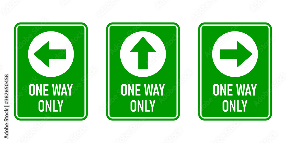 Poster set of one way only vertical warning sign poster icon with direction arrow and text. vector image.