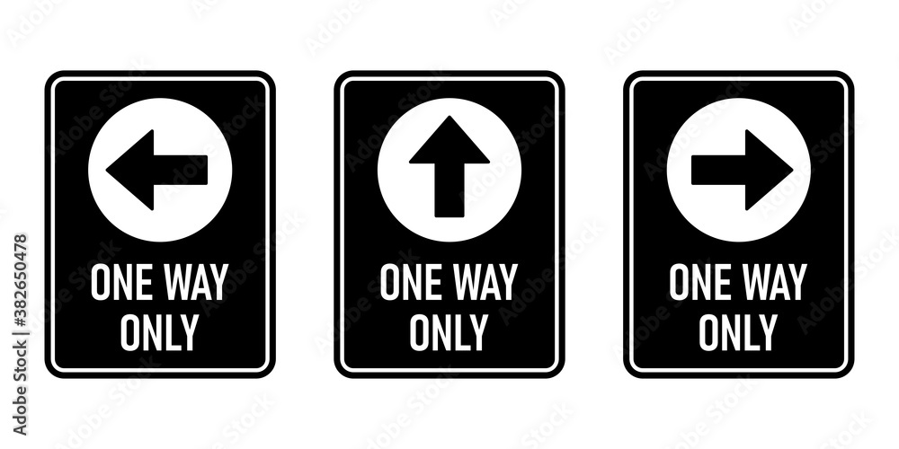 Poster set of one way only vertical warning sign poster icon with direction arrow and text. vector image.