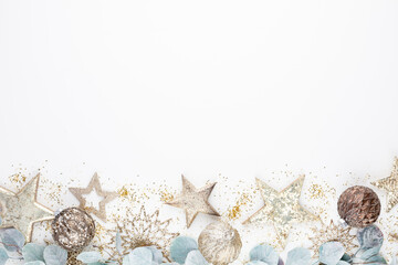 New Year celebration and Christmas background, Christmas decorations top view.