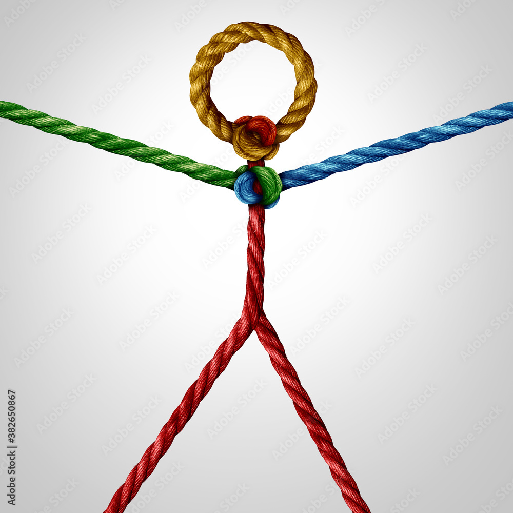 Aufkleber Leadership conection concept of team unity and teamwork as a business metaphor for joining a partnership as diverse ropes connected together as a corporate symbol for cooperation.