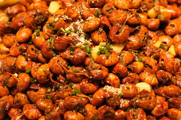 close up stir fried shrimp balls with spice. Traditional spicy snack of Wuhan,Hubei,China