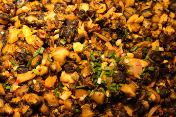 close up stir fried snail meat with spice. Traditional spicy snack in China