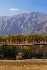 Obraz premium Autumn landscape of the foothills of Kazakhstan. Floodplain of a dried mountain river. Mountains in the background. Blue sky. Foothill vegetation. Dried grass. Herd of horses graze