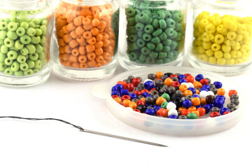 Color beads with needle.Beads in bottle.used in finishing fashion clothes. make bead necklace, beads for women of fashion,Bead Crochet. Daily Beading.