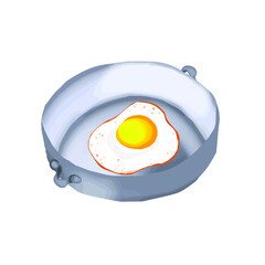 metal frying pan with scrambled eggs on a white isolated background