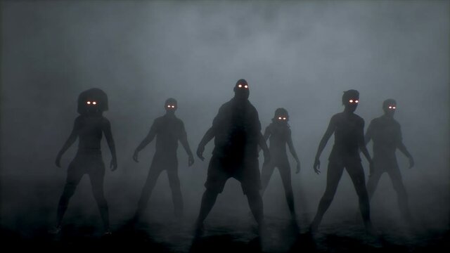Group of scary zombies dancing. Halloween concept.