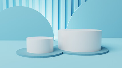 mockup 2 stage white cylinder display with soft blue abstract background 3d render, 3d illustration