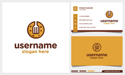 Cookies choco chip biscuit logo design with fork concept and business card template