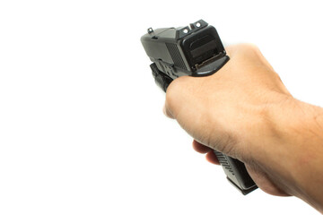 Shooter hand grab on G19 Gen 4th Semi-Auto Pistol attach flashlight, Shooting the 9 mm pistol cartridge.
