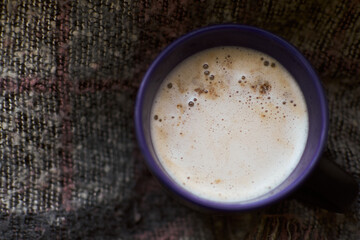 Autumn composition. Cup of coffee, plaid. Flat lay, top view