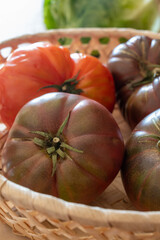 New harvest of big raddish-purple heirloom tomatoes Black Crimea