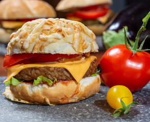 Healthy vegan or vegetarian fast food, fresh made plant based burgers with vegetables