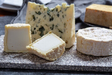 Cheese collection, French cheeses made from goat, cow and sheep melk: semi hard Roquefort blue...
