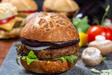 Healthy vegan or vegetarian fast food, fresh made plant based burgers with vegetables