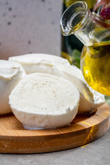 Fresh handmade soft Italian cheese from Campania, white balls of buffalo mozzarella cheese made from cow milk ready to eat