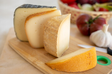 Cheese collection, French fol epi  cheese with many little holes, etorki, tomme noire des pyrenees and ossau iraty cheese