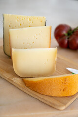 Cheese collection, French fol epi  cheese with many little holes, etorki, tomme noire des pyrenees and ossau iraty cheese