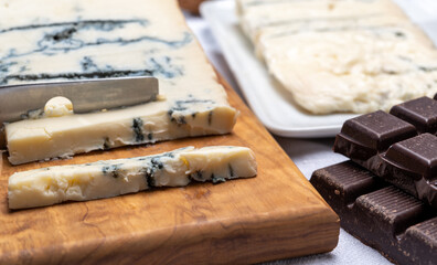 Italian food, buttery or firm blue cheese made from cow milk in Gorgonzola, Milan, Italy