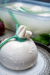 Eating of fresh handmade soft Italian cheese from Puglia, white balls of burrata or burratina cheese made from mozzarella and cream filling in container with water