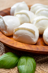Fototapeta na wymiar Tasty italian food, fresh white buffalo mozzarella soft cheese balls from Campania