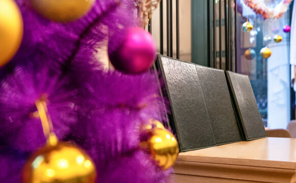 Purple Christmas Tree In The Restaurant Close Up