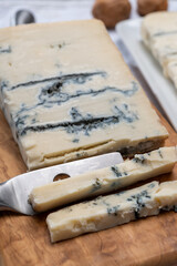 Italian food, buttery or firm blue cheese made from cow milk in Gorgonzola, Milan, Italy