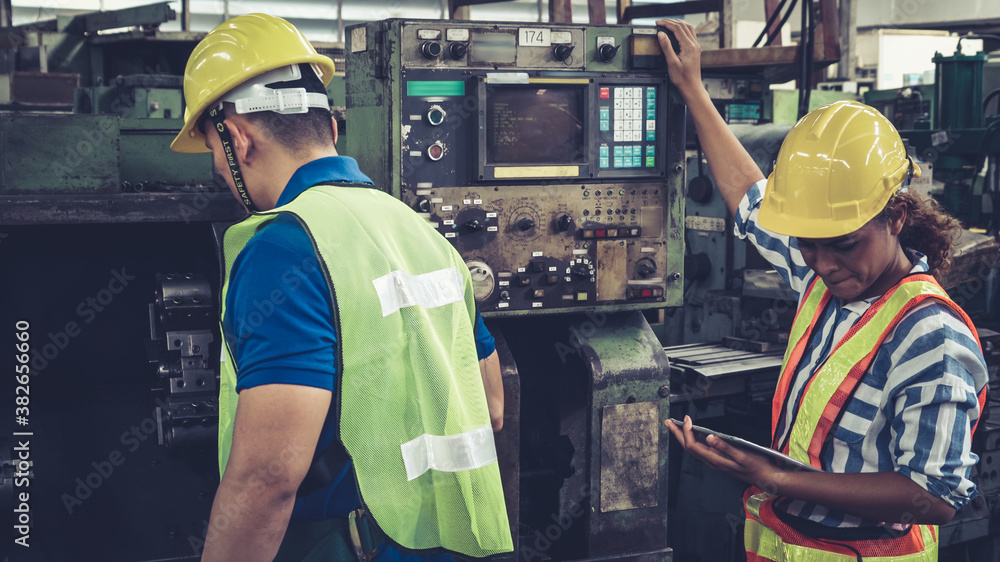 Poster group of factory workers using machine equipment in factory workshop . industry and engineering conc