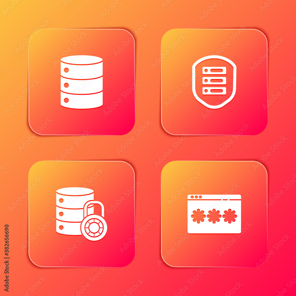 Poster set server, data, web hosting, with shield, security lock and password protection icon. vector.