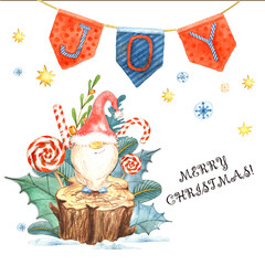 Christmas greeting card with gnome. Lettering joy with candy