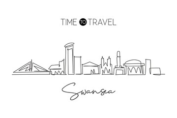 Fototapeta na wymiar One single line drawing of Swansea city skyline United Kingdom. Historical town landscape in the world. Best holiday destination. Editable stroke trendy continuous line draw design vector illustration