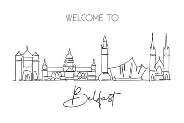 One single line drawing of Belfast city skyline, Northern Ireland. Historical landscape in the world. Best holiday destination. Editable stroke trendy continuous line draw design vector illustration - obrazy, fototapety, plakaty