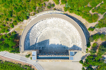 Aerial view of the ancient Aspendos amphitheater near Side town