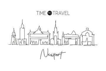 Single continuous line drawing of Newport city skyline, Wales. Famous city scraper and landscape in the world. World travel concept art. Editable stroke modern one line draw design vector illustration