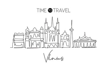 One continuous line drawing of Vilnius city skyline, Lithuania. Beautiful landmark. World landscape tourism travel vacation wall decor poster print. Stylish single line draw design vector illustration