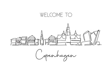 One single line drawing Copenhagen city skyline, Denmark. Historical town landscape in world. Best holiday destination wall decor poster print. Trendy continuous line draw design vector illustration - obrazy, fototapety, plakaty