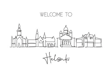 One single line drawing of Helsinki city skyline, Finland. Historical town landscape. Best holiday destination home wall decor poster print art. Trendy continuous line draw design vector illustration