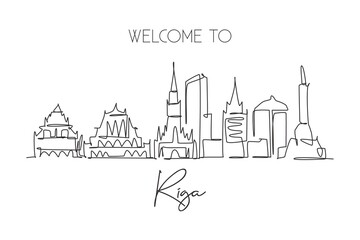 One single line drawing of Riga city skyline, Latvia. Historical town landscape in world. Best holiday destination poster print. Editable stroke trendy continuous line draw design vector illustration - obrazy, fototapety, plakaty