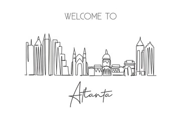 Fototapeta premium One single line drawing of Atlanta city skyline, United States. Historical town landscape. Best holiday destination wall decor poster print art. Trendy continuous line draw design vector illustration