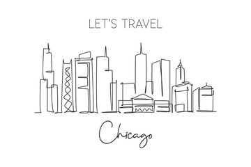 One single line drawing of Chicago city skyline, United States. Historical town landscape in the world. Best holiday destination. Editable stroke trendy continuous line draw design vector illustration