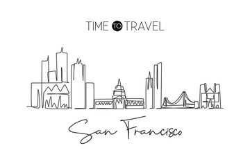 Naklejka premium Single continuous line drawing of San Francisco city skyline, United States. Famous landscape. World travel concept home art wall decor poster print. Modern one line draw design vector illustration
