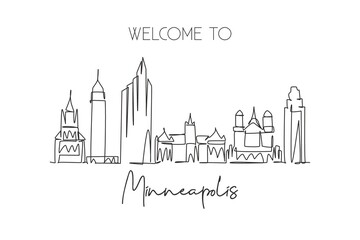 One single line drawing of Minneapolis city skyline, USA. Historical town landscape. Best holiday destination home wall decor poster print art. Trendy continuous line draw design vector illustration