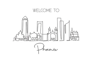 Obraz premium One continuous line drawing of Phoenix city skyline, United States. Beautiful landmark. World landscape tourism and travel vacation. Editable stylish stroke single line draw design vector illustration